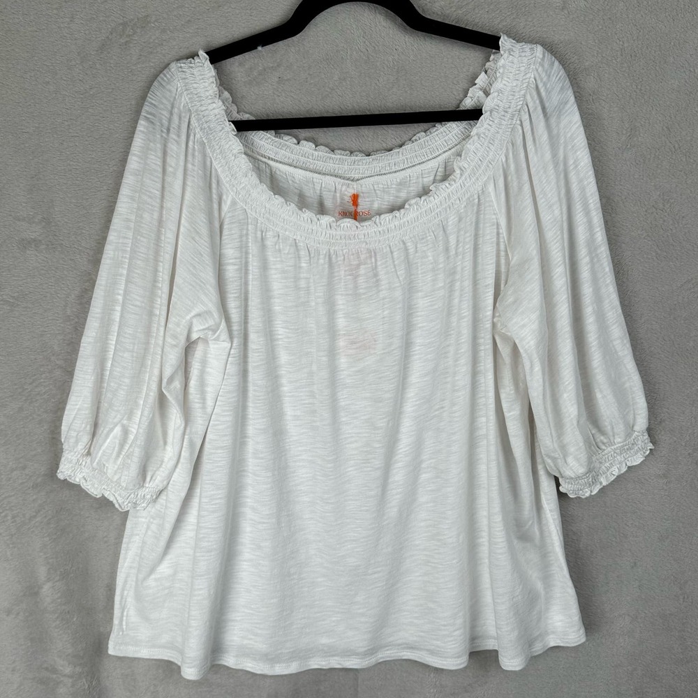 Knox Rose Top Womens Large White NEW Puff 3/4 Sleeve Smocked Boho Flowy Casual